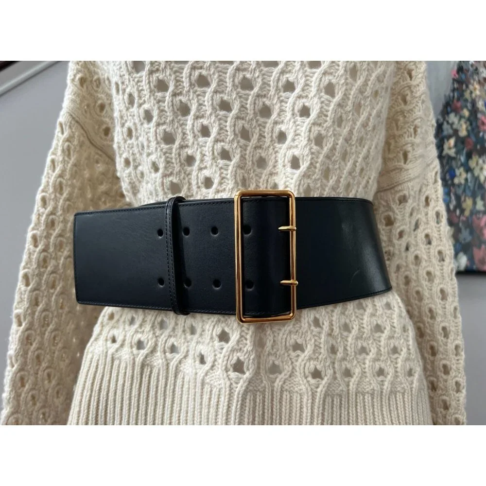 Alexander McQueen Black Leather Wide Belt with Gold Buckle